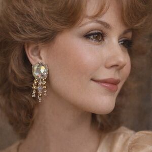 (B20) Chipita AB Crystal Beaded Fringe Chandelier Earrings Gold Tone